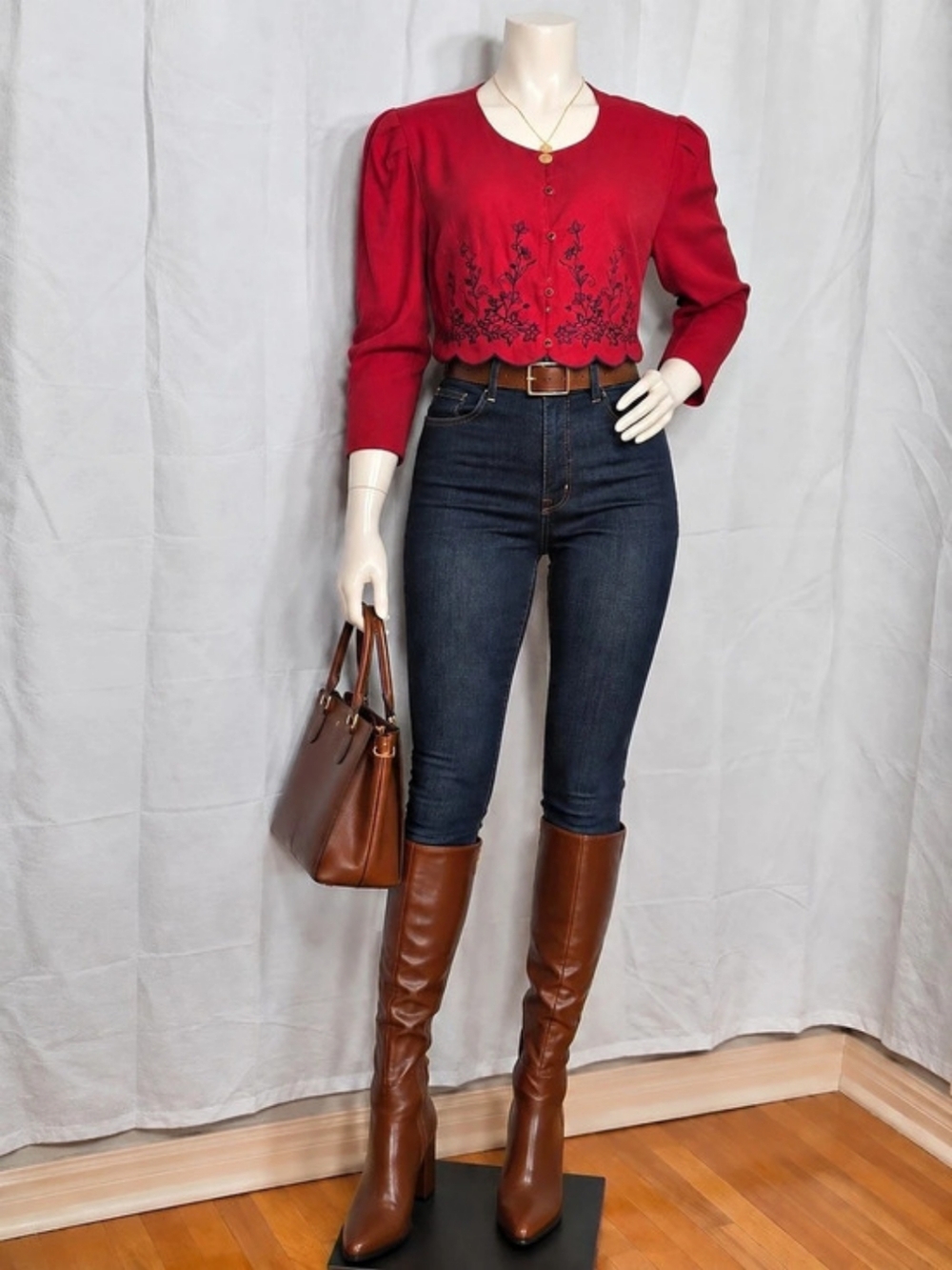 VTG Peri Petites Red Floral Embroidered Cropped Jacket Size 8 Cottagecore